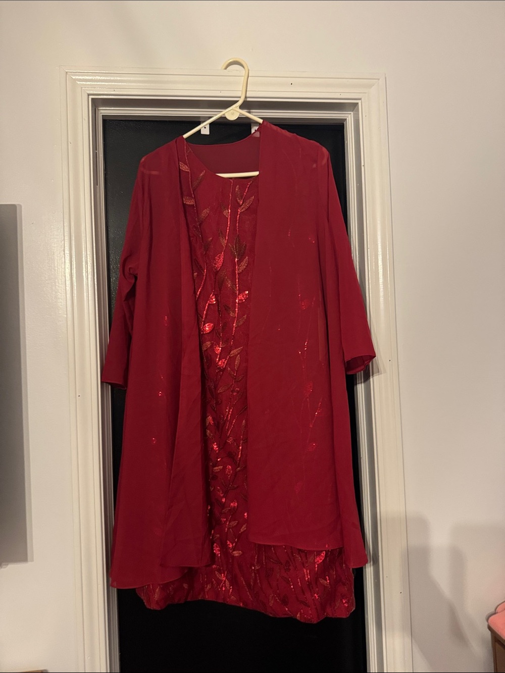 Red Two-Piece Dress Set with Shimmering Leaf Detail